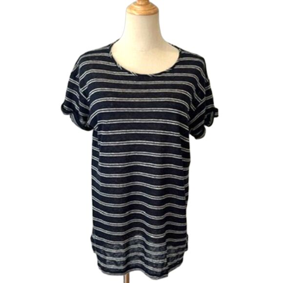 Vince Medium Navy White Striped Linen T-Shirt Roll Cuff Summer Nautical French - Picture 1 of 9